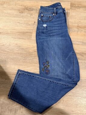 INC International Concepts Blue Straight-Leg Jeans with Floral Embroidery